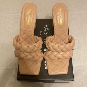 Brand new, never worn, tan mules